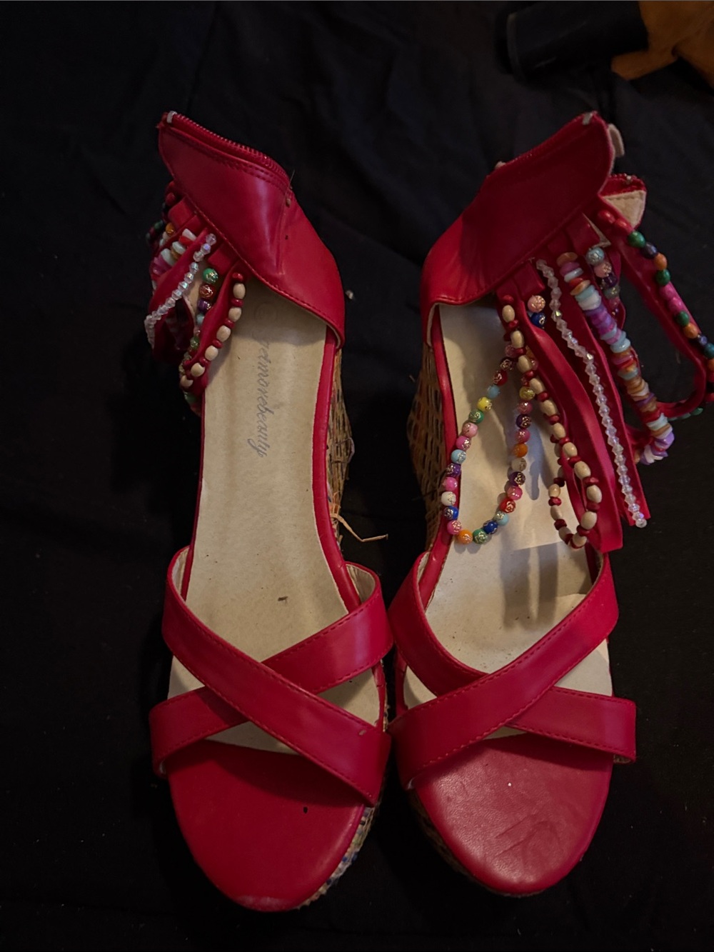 Red Beaded Fringe Ankle-Wrap Women’s Sandals